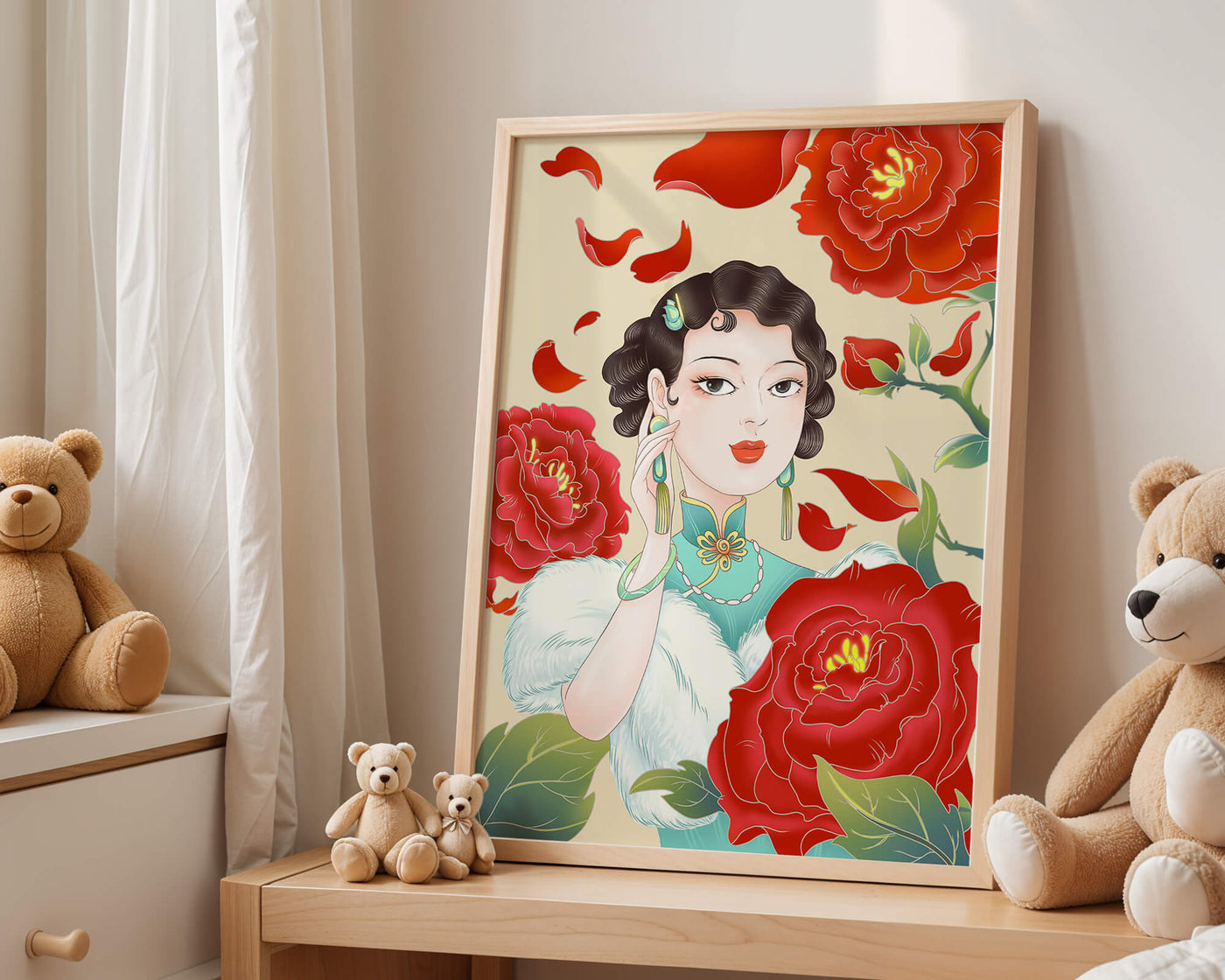 Elegant woman surrounded by vibrant red flowers and petals