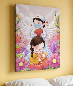 Escena ilustrada de un ángel de la salud con un niño y flores