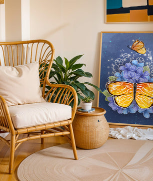 Bright butterfly with blue flowers on a starry background