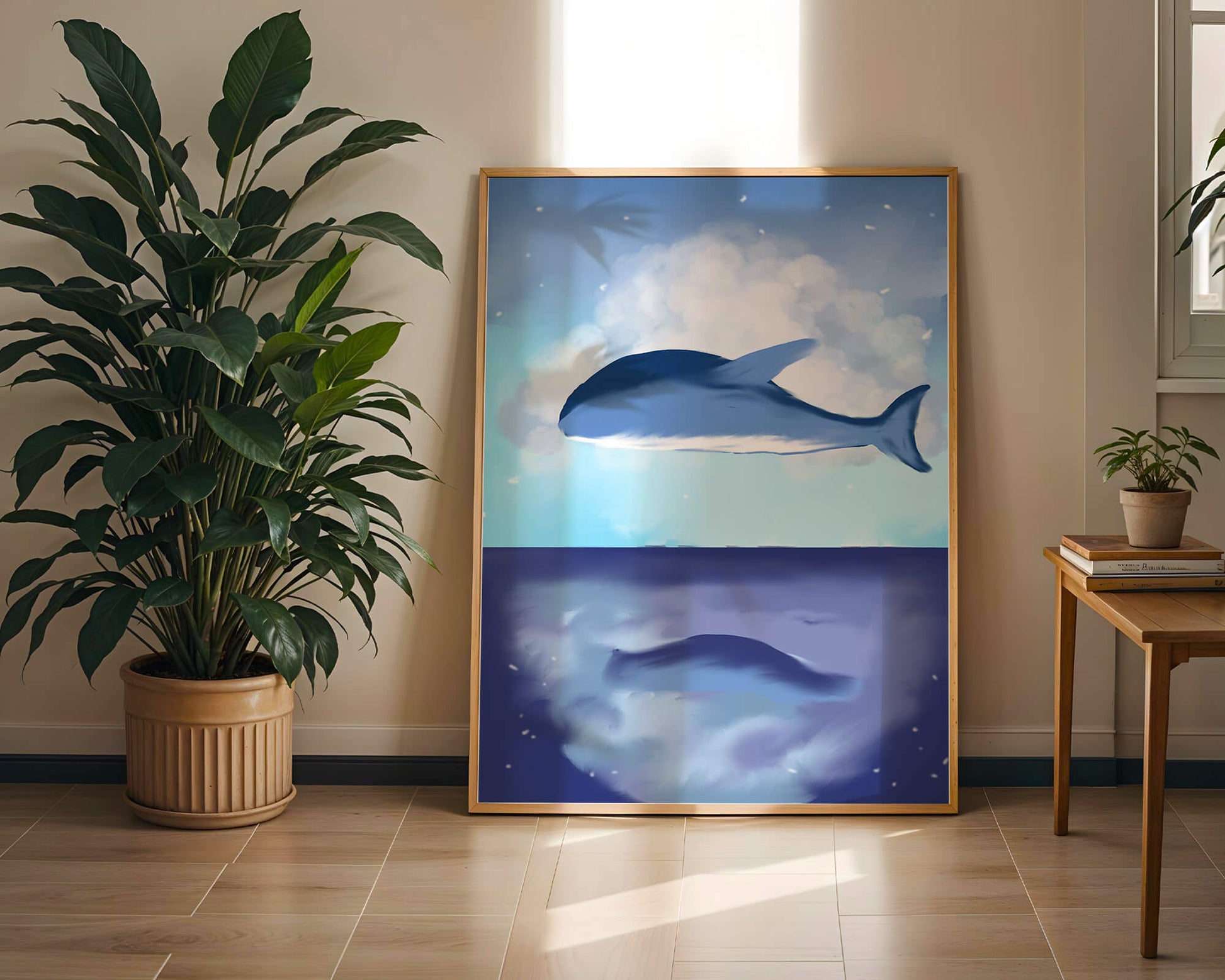 Surreal Ocean Scene with Floating Whale and Cloudy Sky Reflection