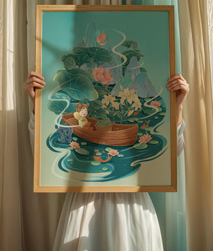 Heitere Landschaft mit Lotus und Boot in einer ruhigen Wasserszene