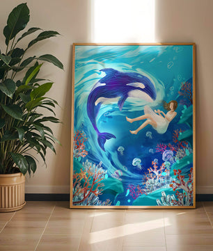 Escena submarina de fantasía con una ballena juguetona y una chica flotando entre corales y medusas