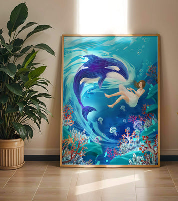 Underwater fantasy scene with a playful whale and a girl floating amidst coral and jellyfish