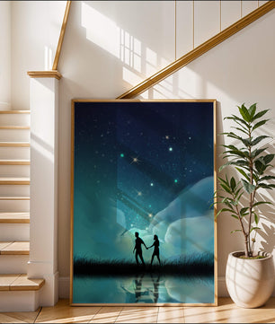 Pareja romántica paseando bajo la noche estrellada con reflejos celestiales