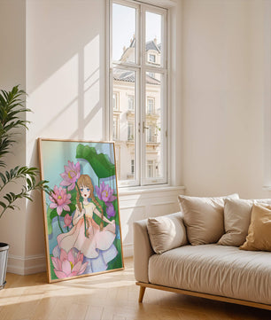 Illustration fantaisiste d'une jeune fille aux cheveux tressés parmi des fleurs de lotus