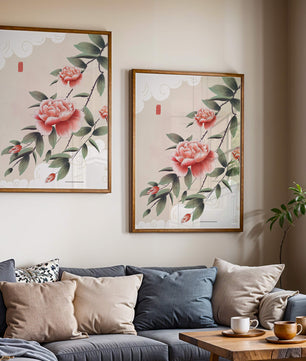 Oriental floral illustration with pink peonies and calligraphy