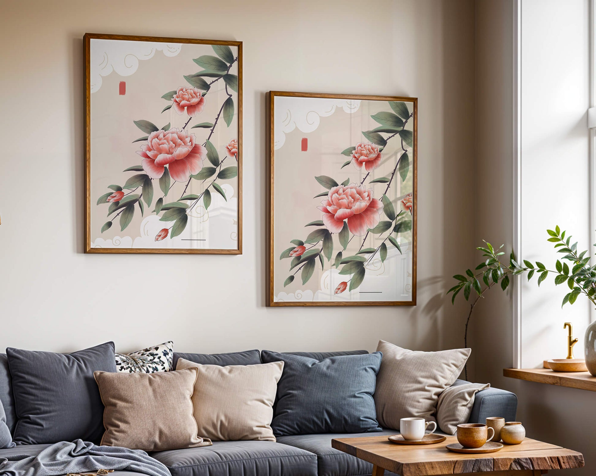 Oriental floral illustration with pink peonies and calligraphy