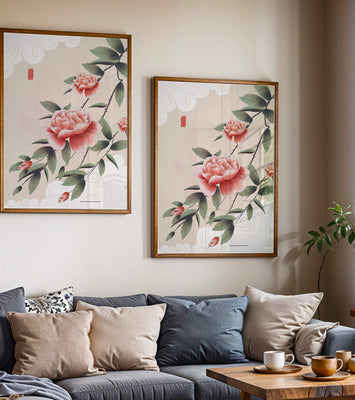 Oriental floral illustration with pink peonies and calligraphy
