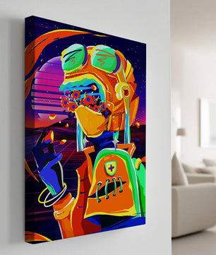 Vibrant futuristic illustration with a colorful character in helmet and flowers