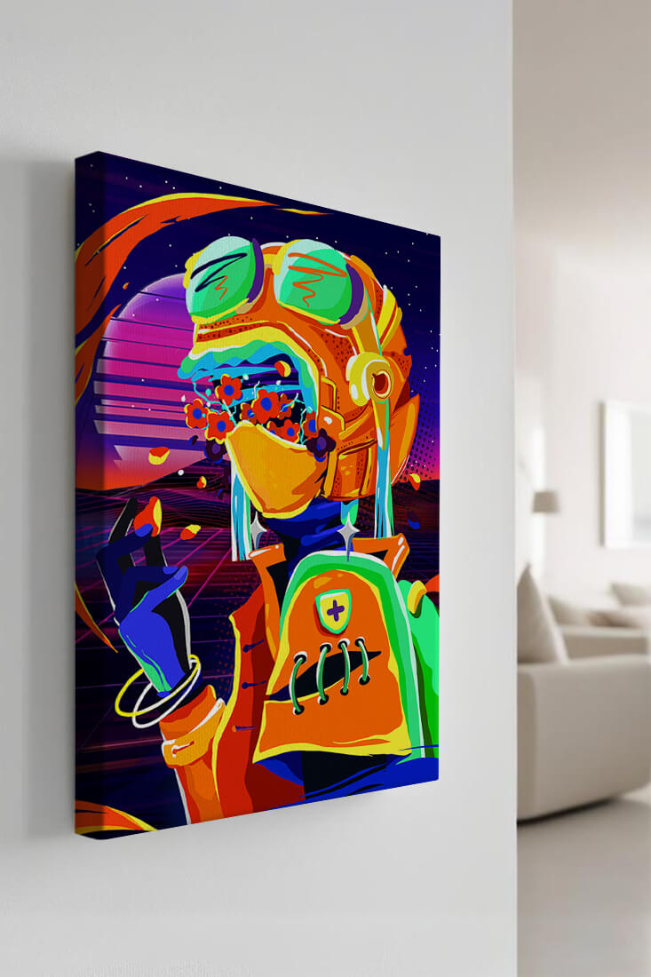 Vibrant futuristic illustration with a colorful character in helmet and flowers
