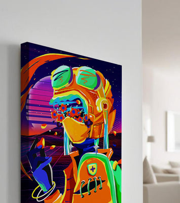 Vibrant futuristic illustration with a colorful character in helmet and flowers