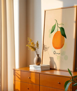 Illustration of a Single Orange with Leaves on a Textured Background - Mi tienda