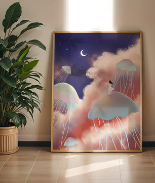 Dreamy Scene with Floating Jellyfish and Moonlit Sky