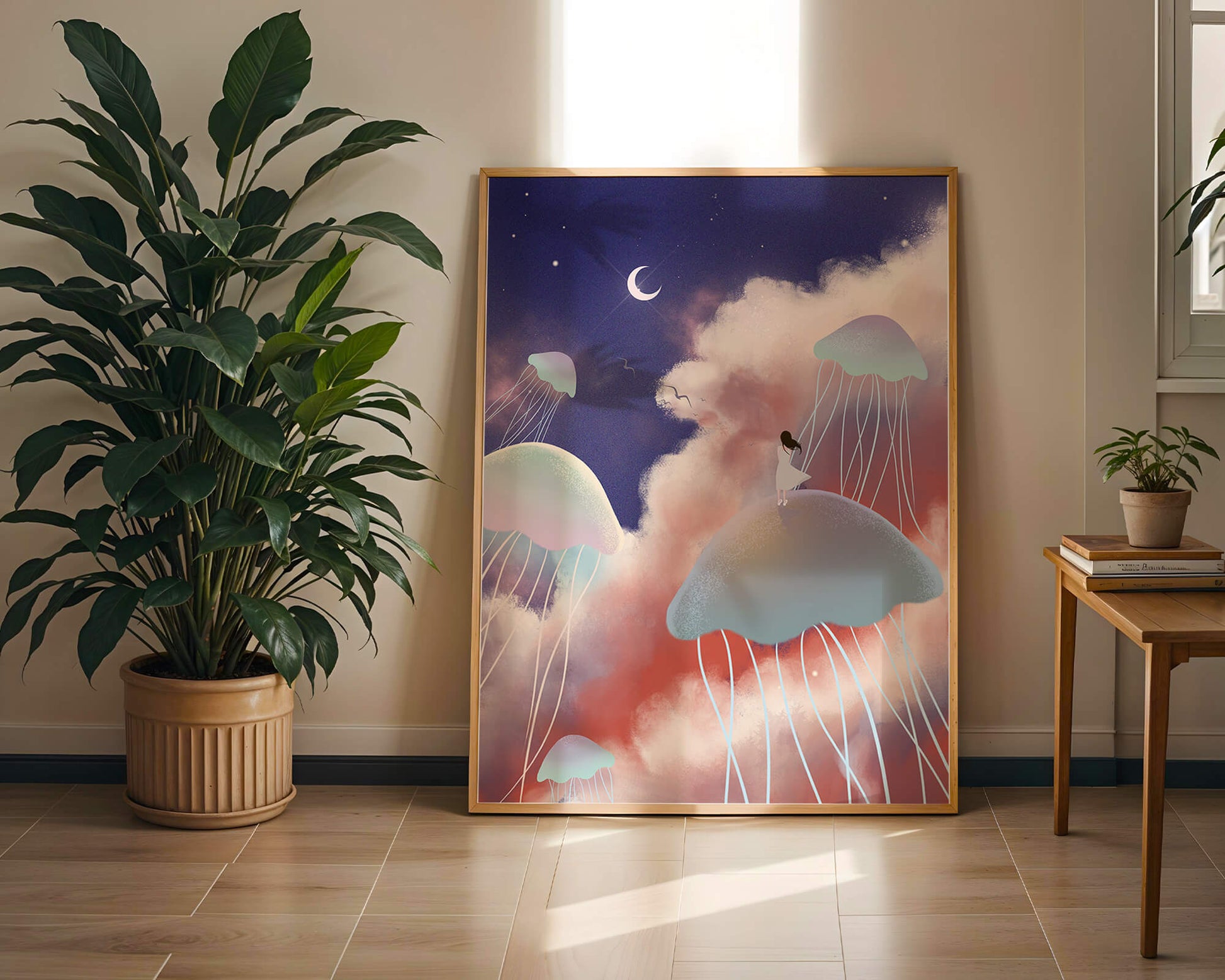 Dreamy Scene with Floating Jellyfish and Moonlit Sky