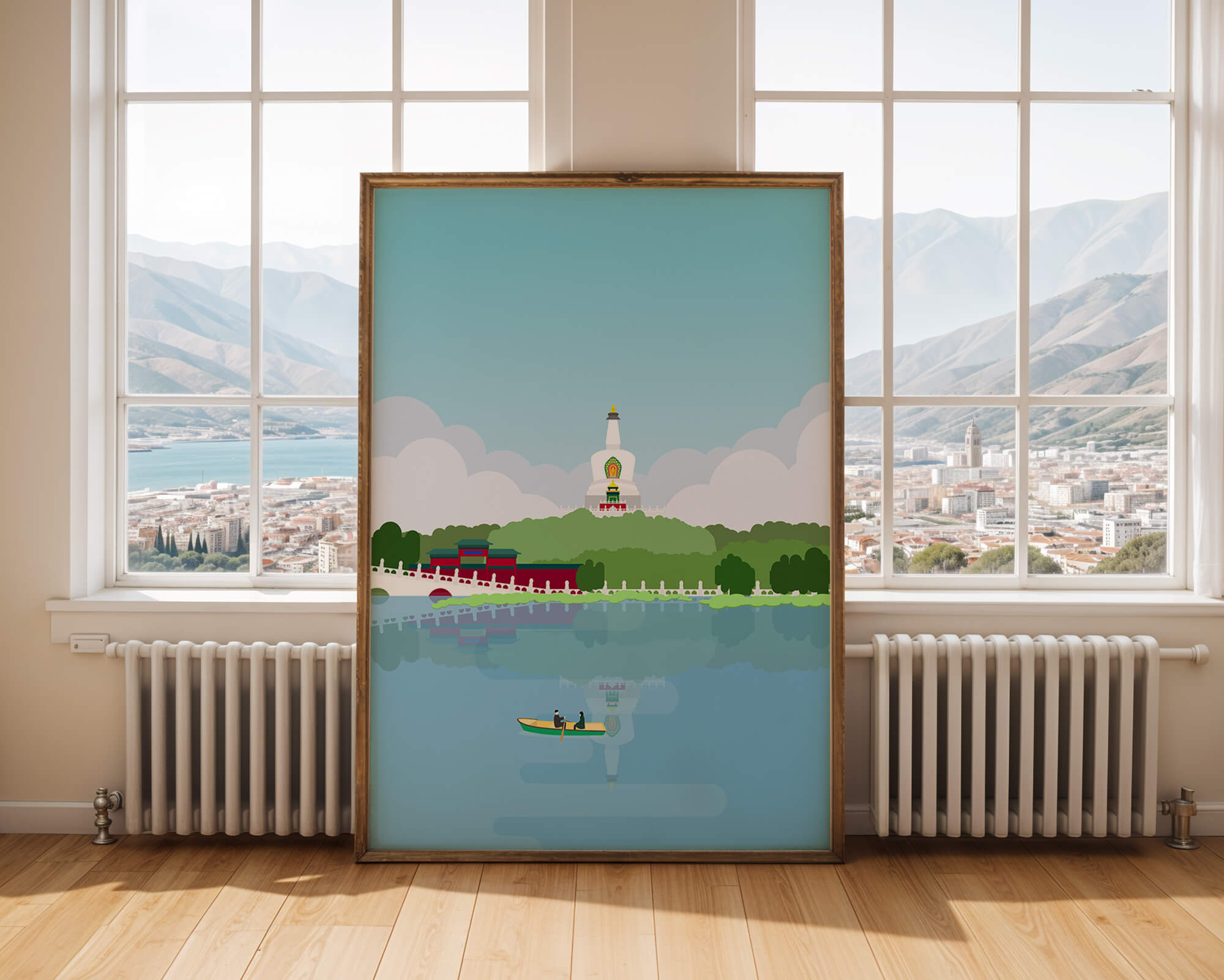 Serene lake scene with pagoda and rowing boat