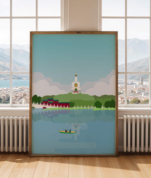Escena de lago sereno con pagoda y bote de remos