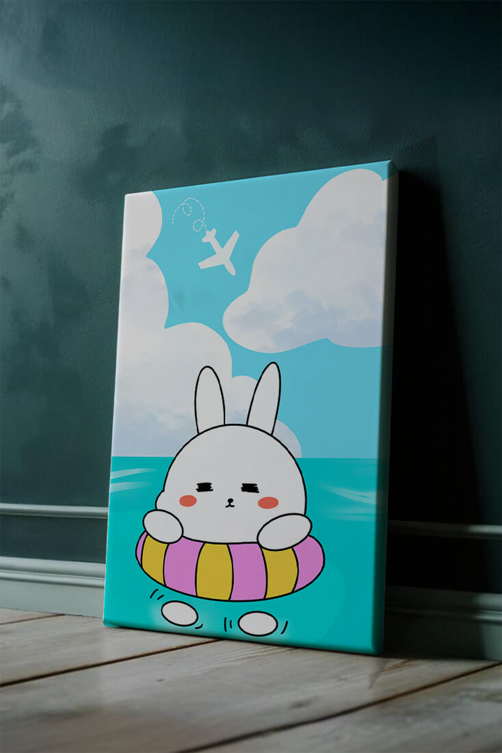 Illustration of a cute bunny floating on a colorful inflatable in a blue ocean under a bright sky with an airplane
