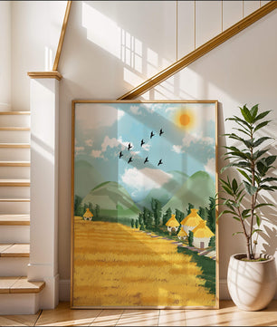 Sunny Countryside With Birds And Golden Fields