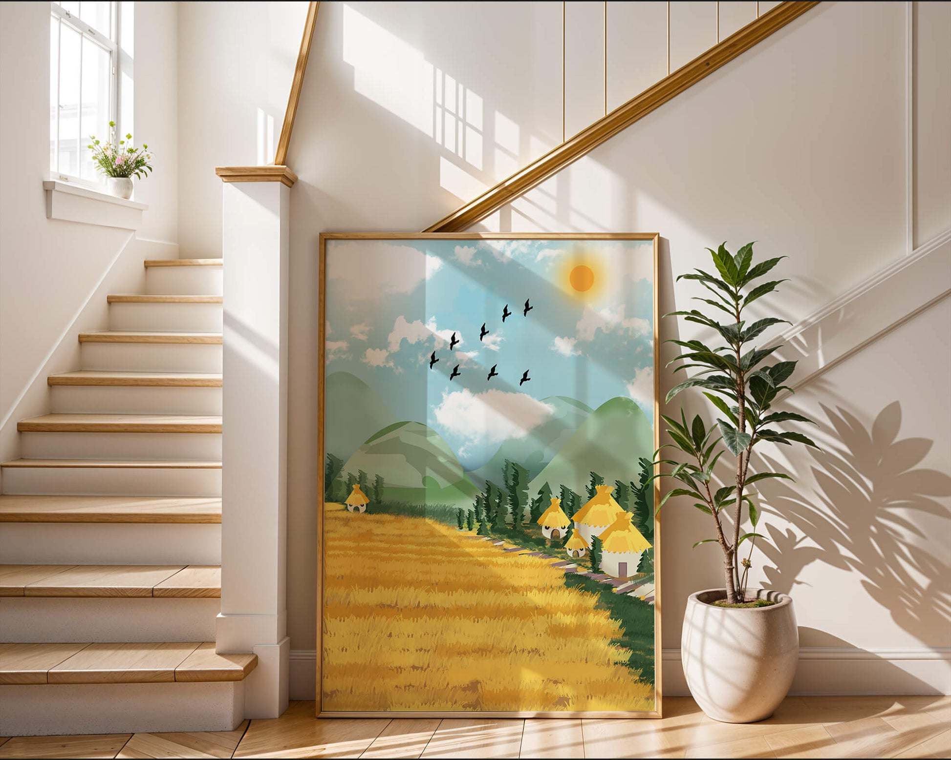 Sunny Countryside With Birds And Golden Fields