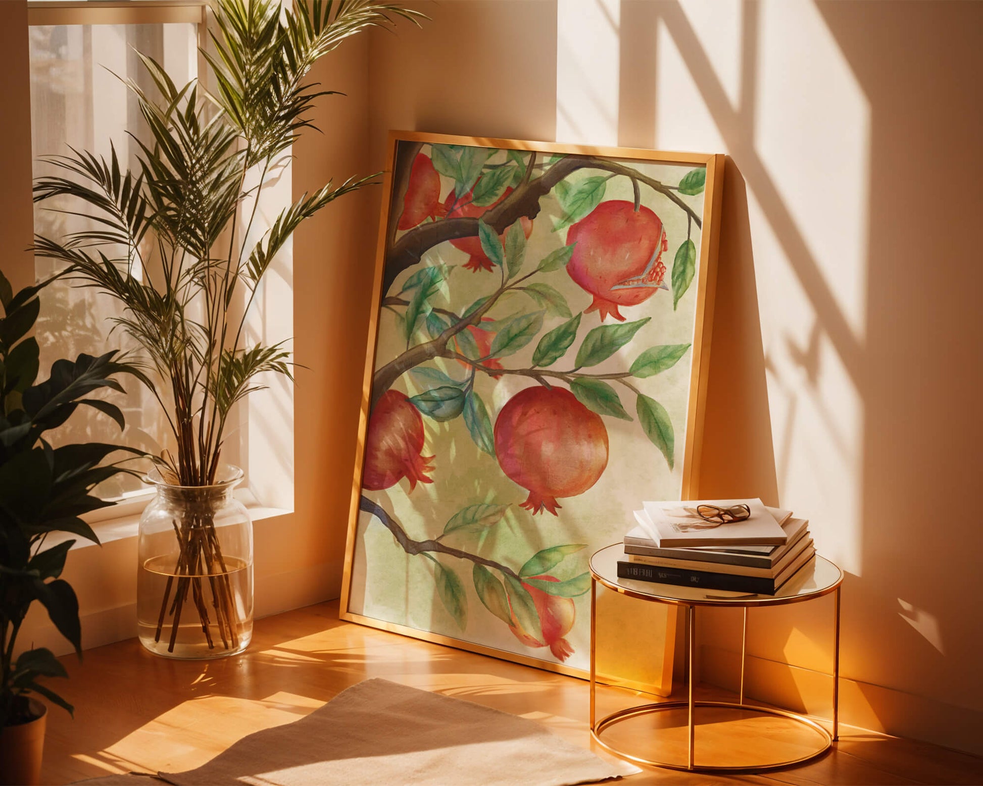 Watercolor Pomegranate Tree Branch with Fruits and Leaves
