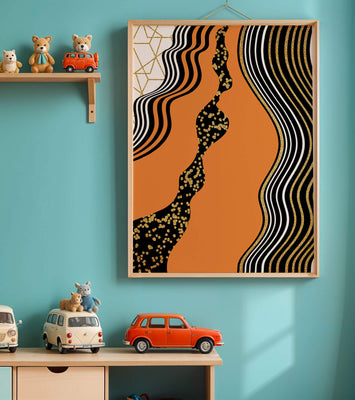 Artistic abstract design with wavy black lines and golden accents