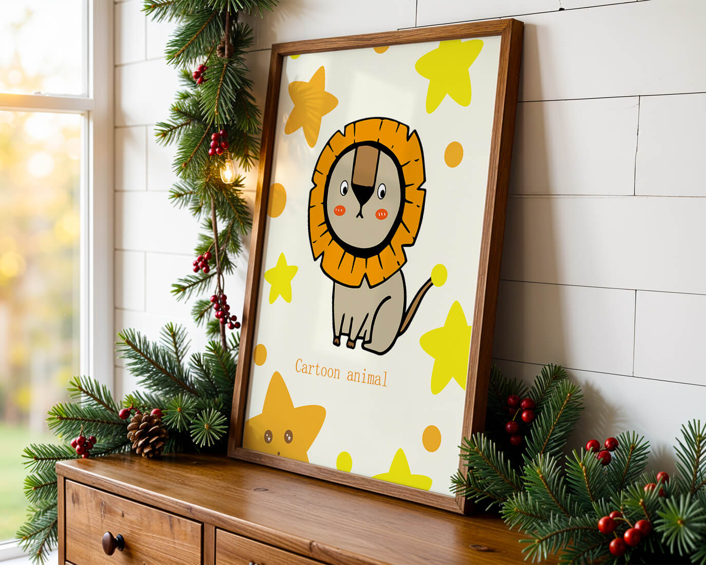 Cute cartoon lion illustration with stars for children's room