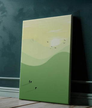 Paisaje minimalista con figuras silueteadas y aves al atardecer