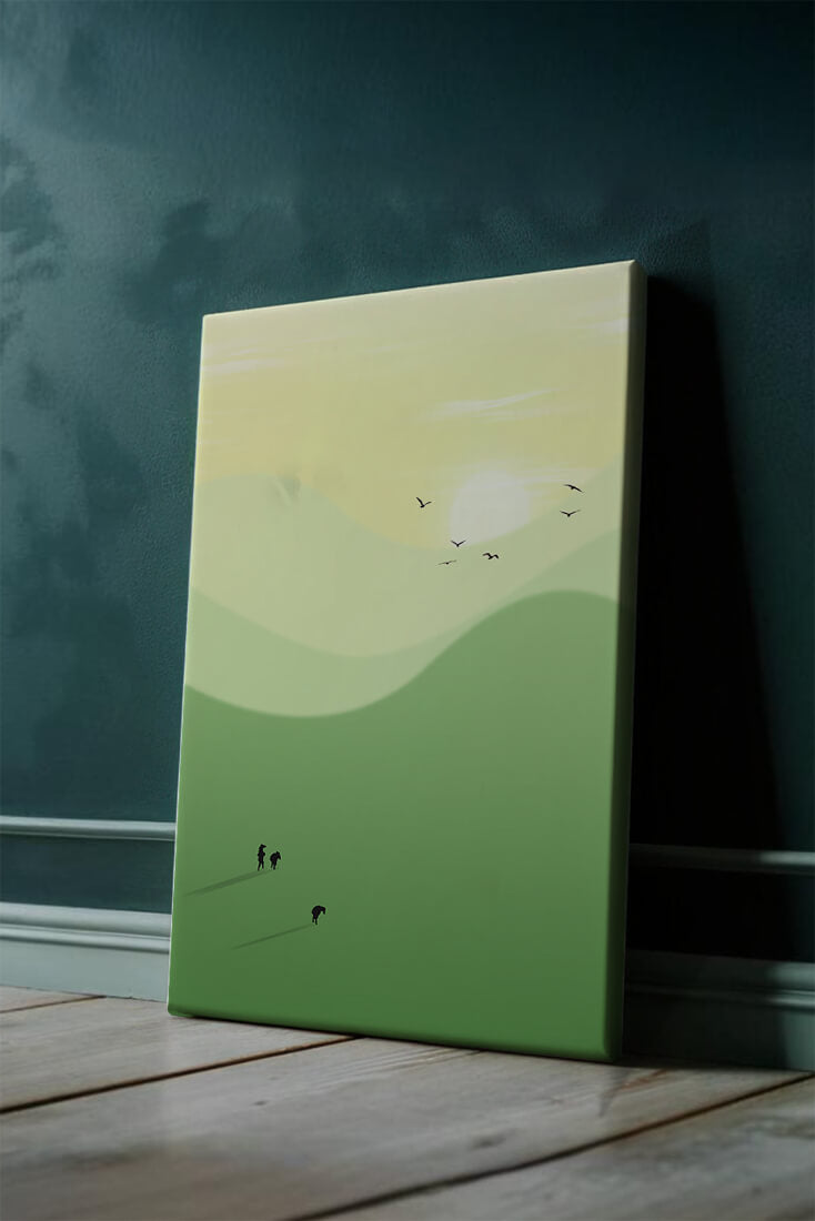 Paisaje minimalista con siluetas de personas y pájaros al atardecer