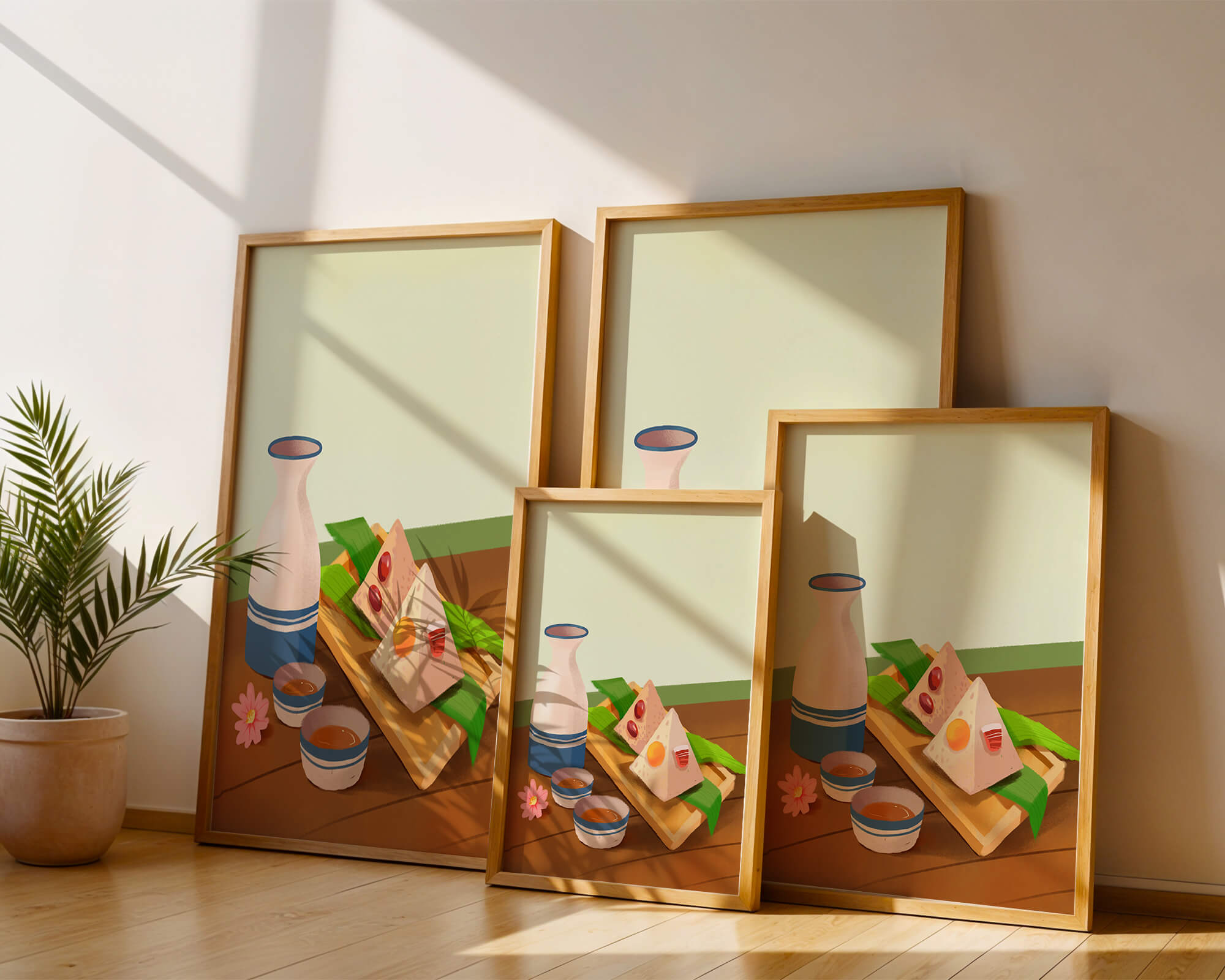 Traditional Asian rice dumplings with tea set on bamboo tray