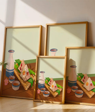 Traditional Asian rice dumplings with tea set on bamboo tray