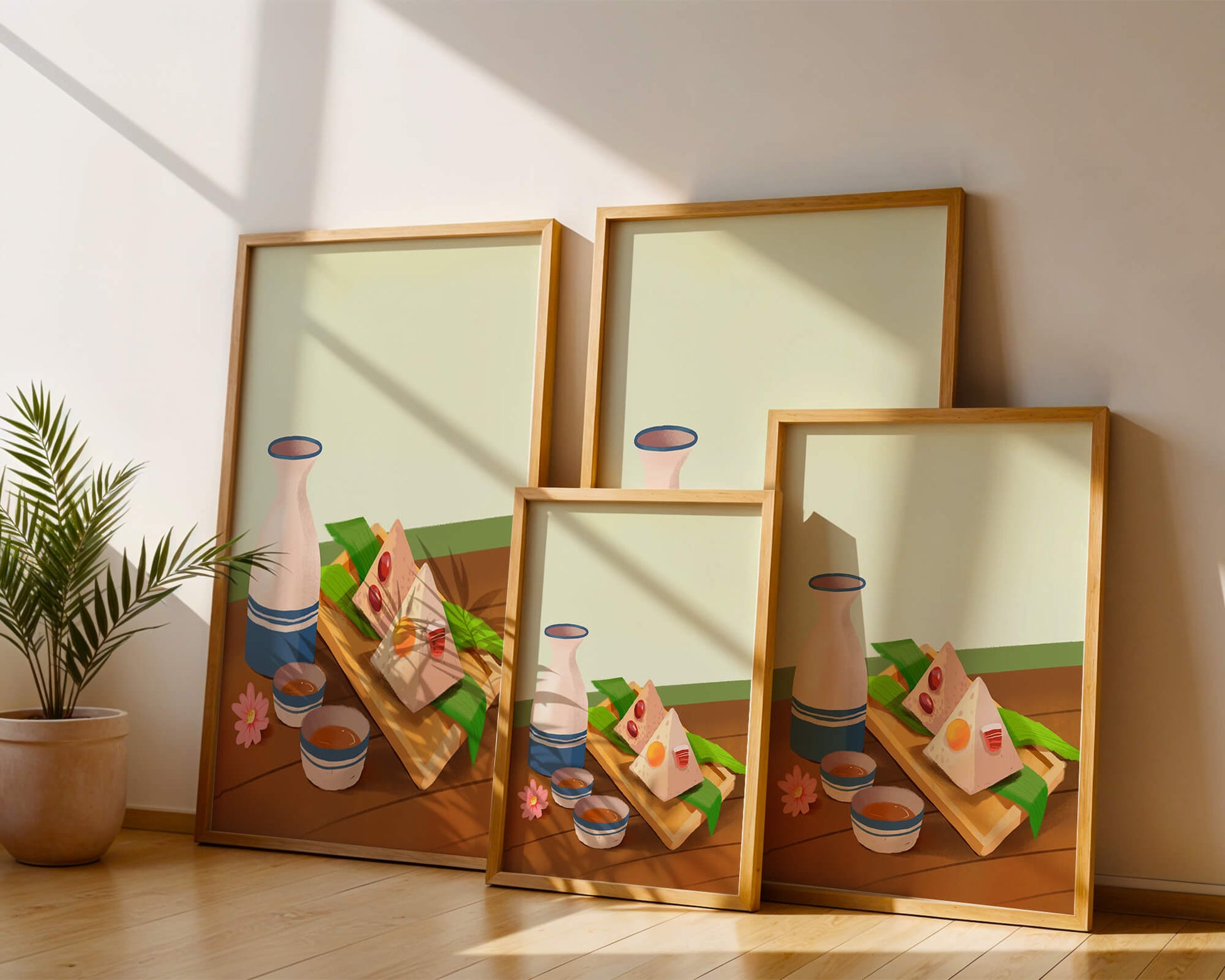 Traditional Asian rice dumplings with tea set on bamboo tray