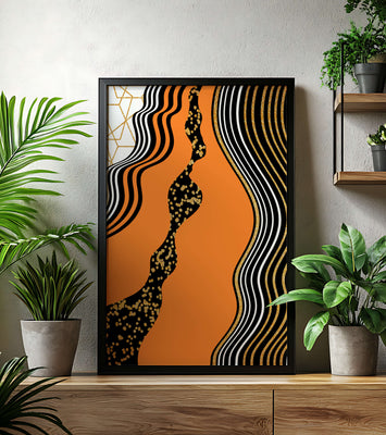 Artistic abstract design with wavy black lines and golden accents