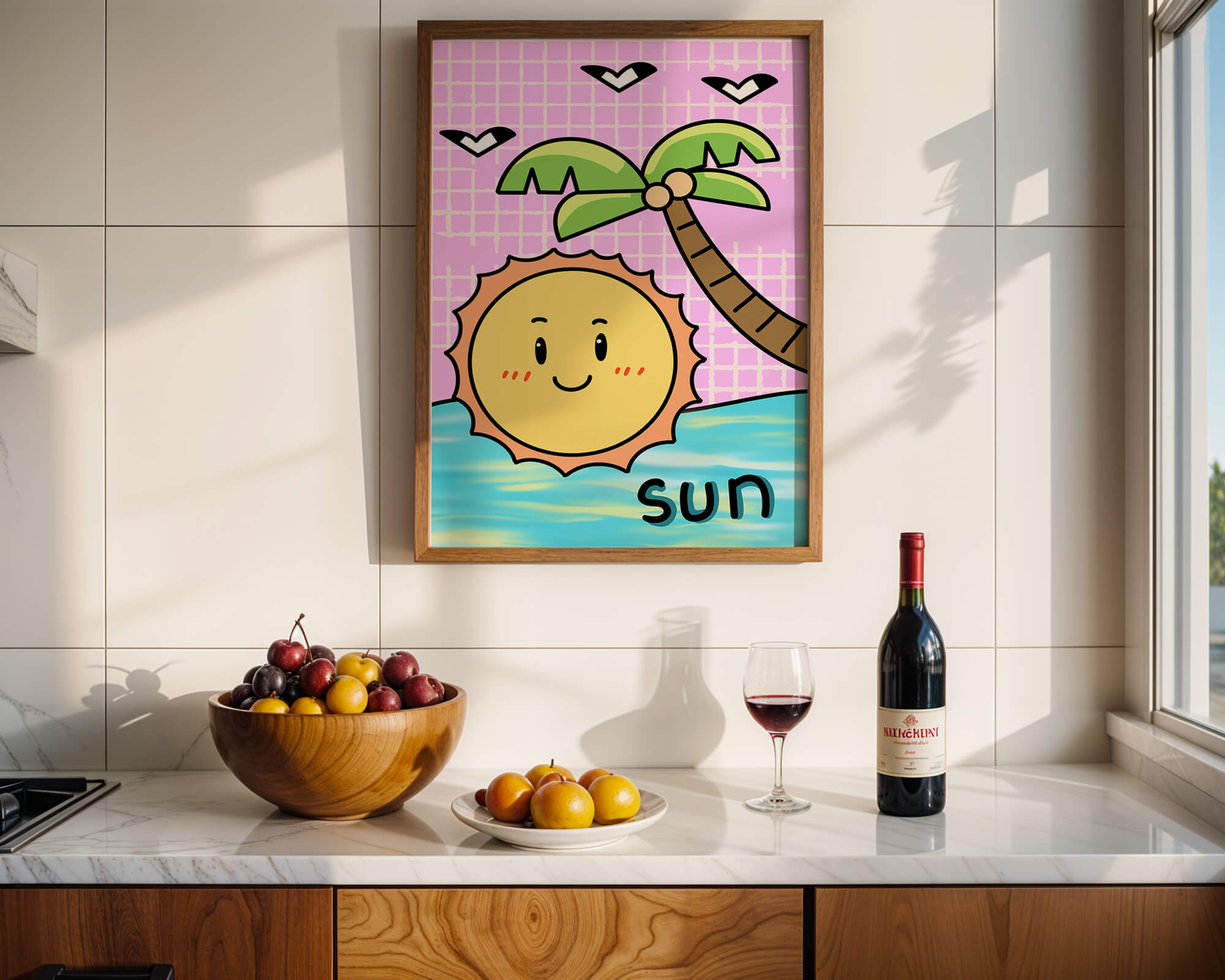 Cartoon sun with palm tree and ocean scene