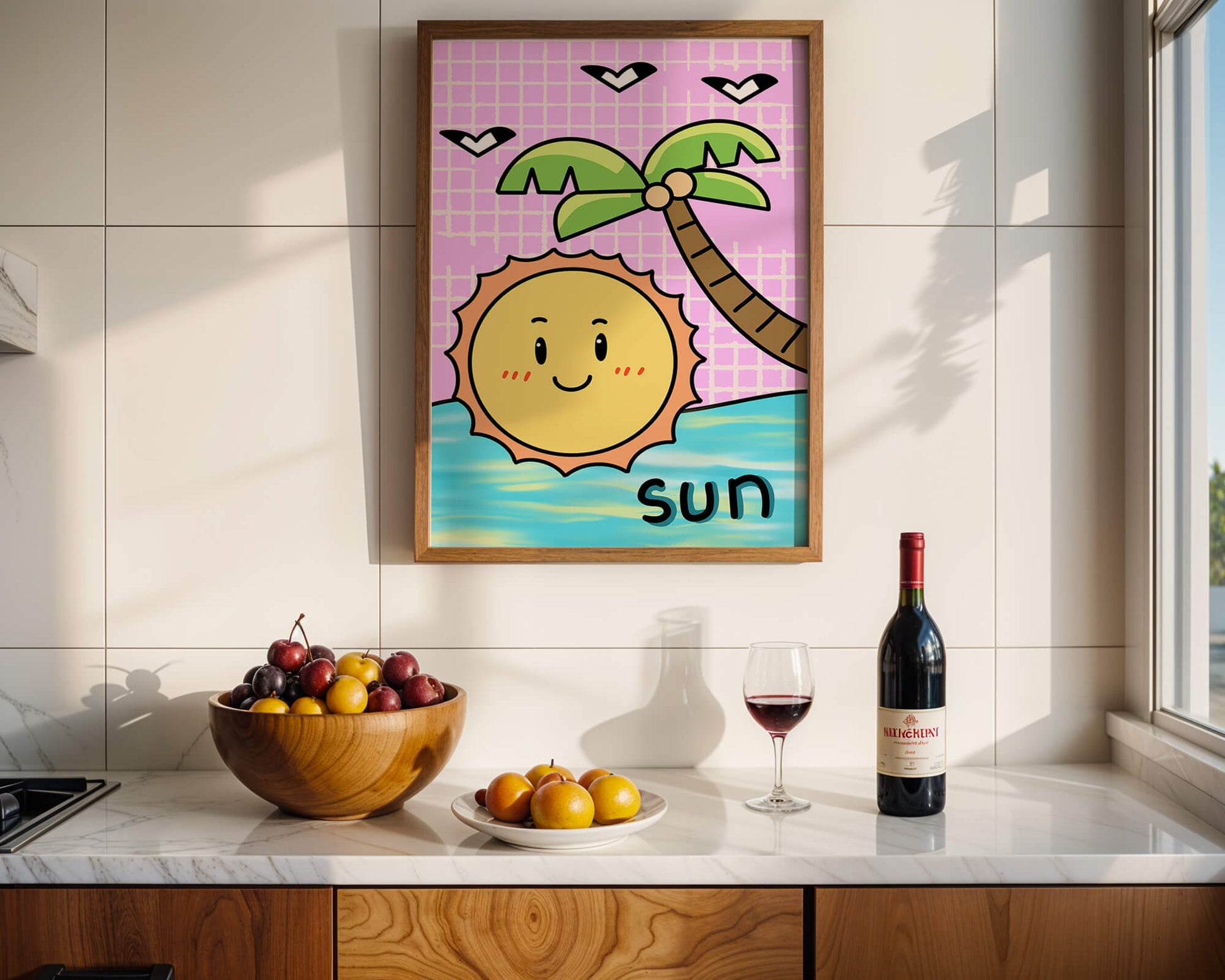 Cartoon sun with palm tree and ocean scene
