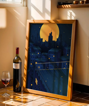 Stadtdach bei Nacht mit beleuchteten Fenstern und Vollmond