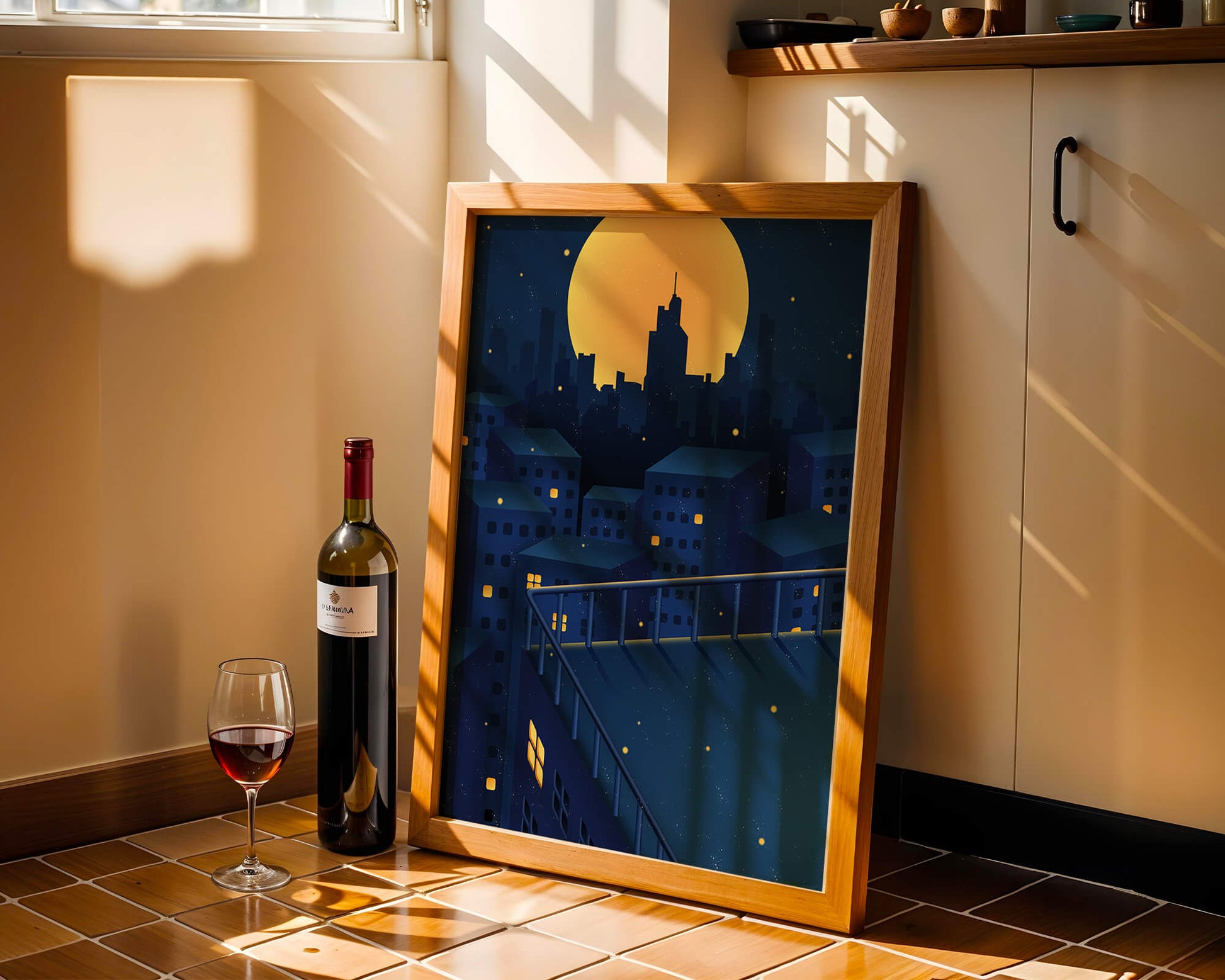 City Rooftop at Night with Illuminated Windows and Full Moon