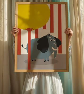 Illustration of a playful elephant with a yellow balloon in abstract setting