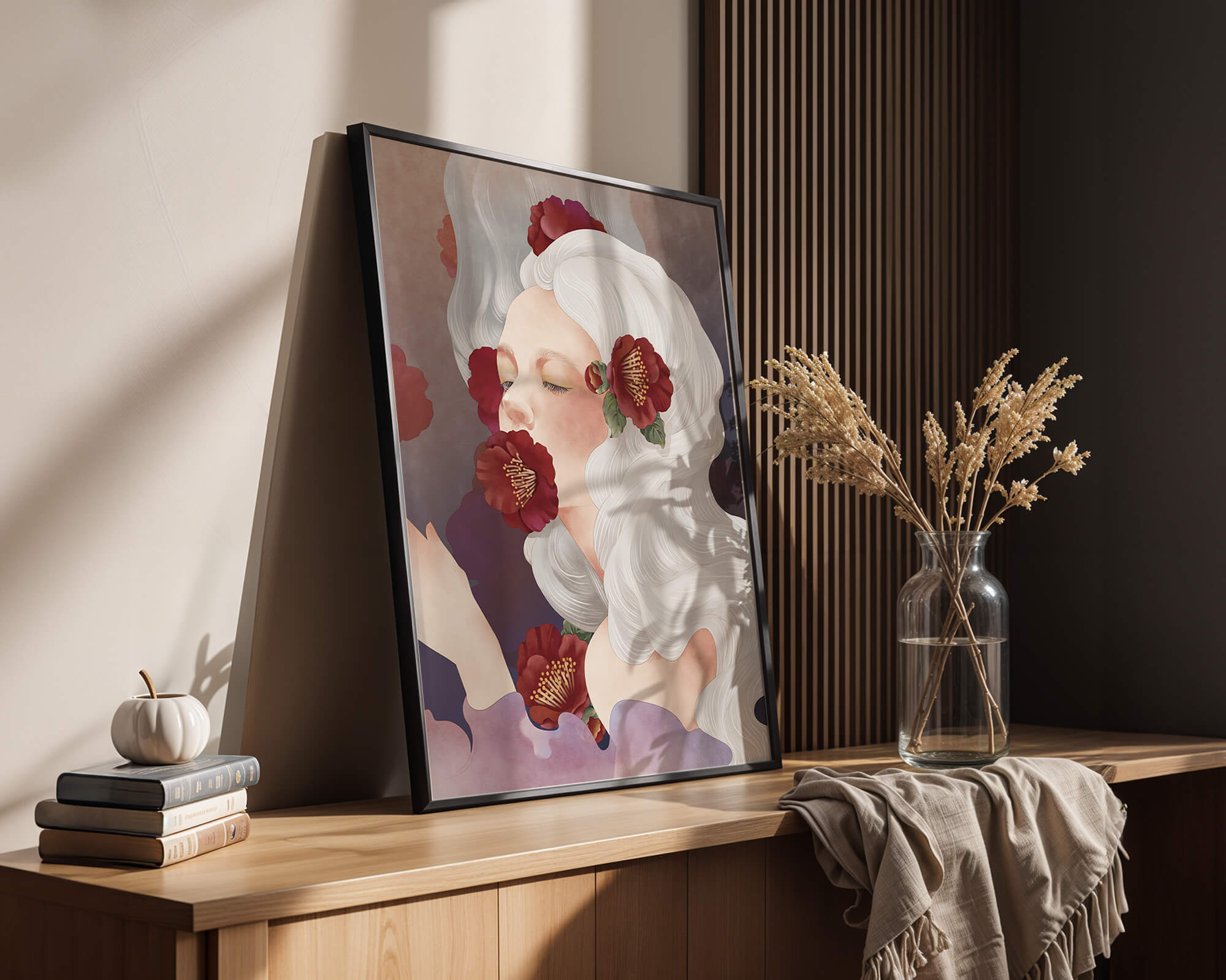 Dreamy Portrait of a Woman with White Hair and Red Flowers