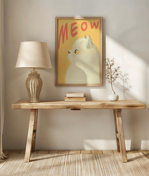 Profile View of a White Cat with Meow Text on Yellow Background