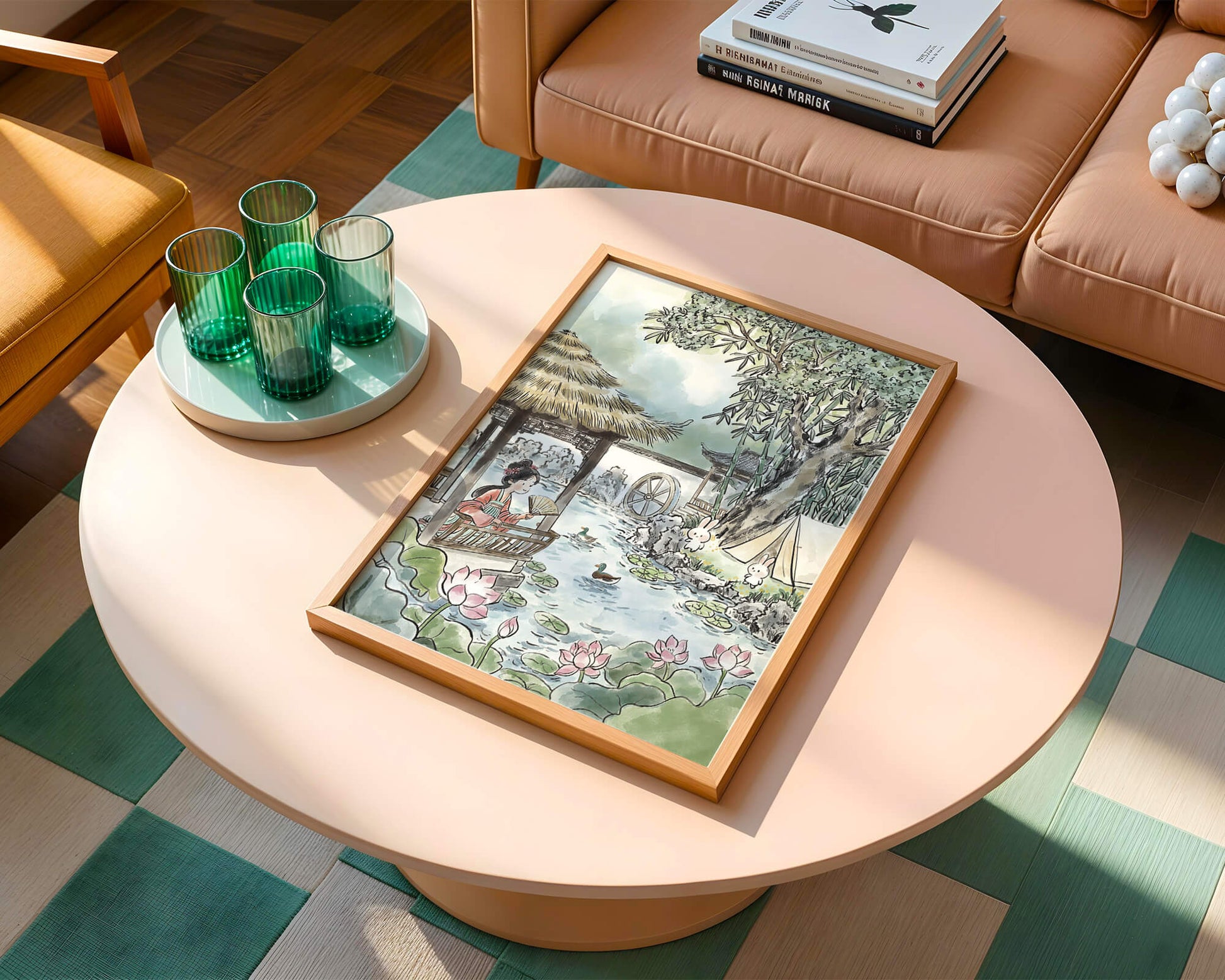 Escena tranquila de jardín con mujer, patos y conejos en un entorno tradicional