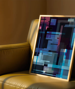 Arte digital geométrico abstracto con tonos azules y morados