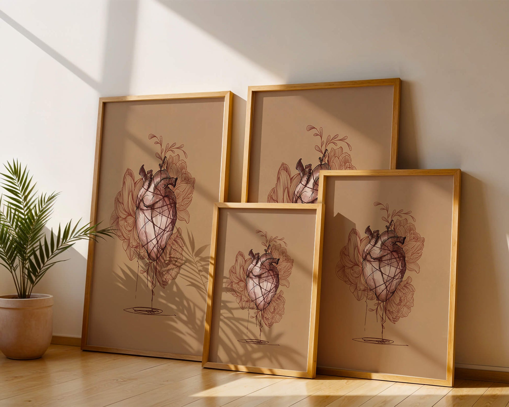 Ilustración detallada de un corazón anatómico con elementos florales sobre un fondo beige.