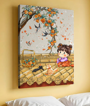 Charming illustration of a child with cats on a rooftop beneath a fruit tree