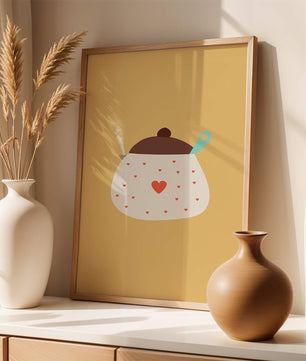 Ilustración de una olla decorada con corazones y vapor sobre fondo amarillo