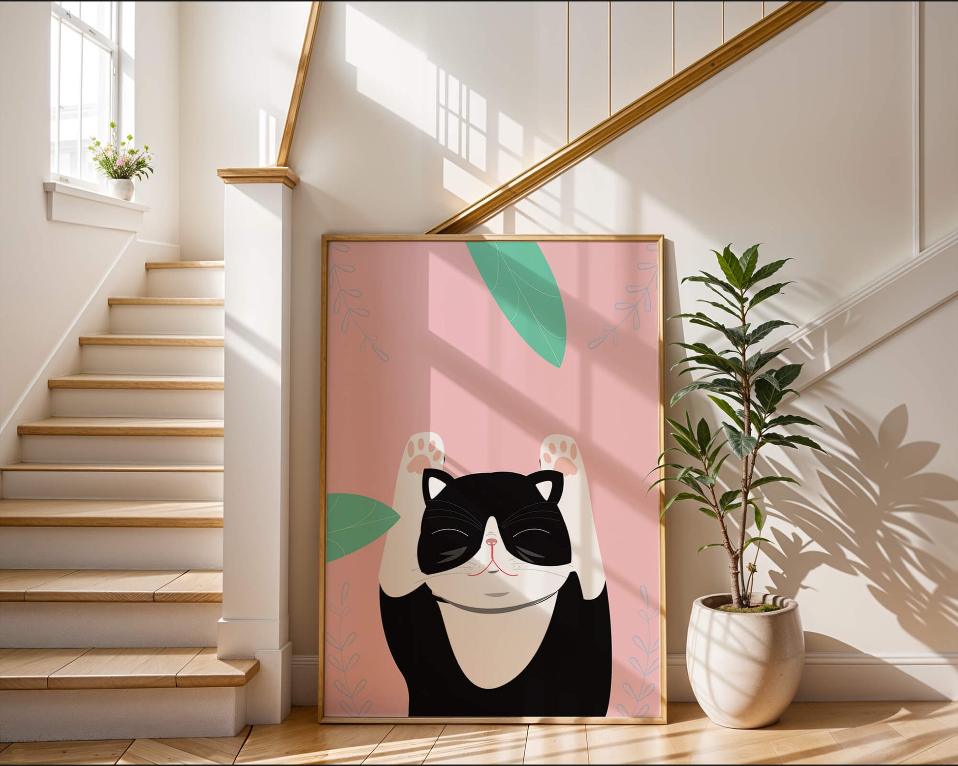 Illustrated cat on pink background with leaves
