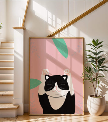 Illustrated cat on pink background with leaves