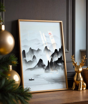 Peaceful mountain landscape with mist and rising sun