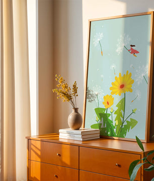 Whimsical illustration of a girl flying with dandelions in a colorful floral scene