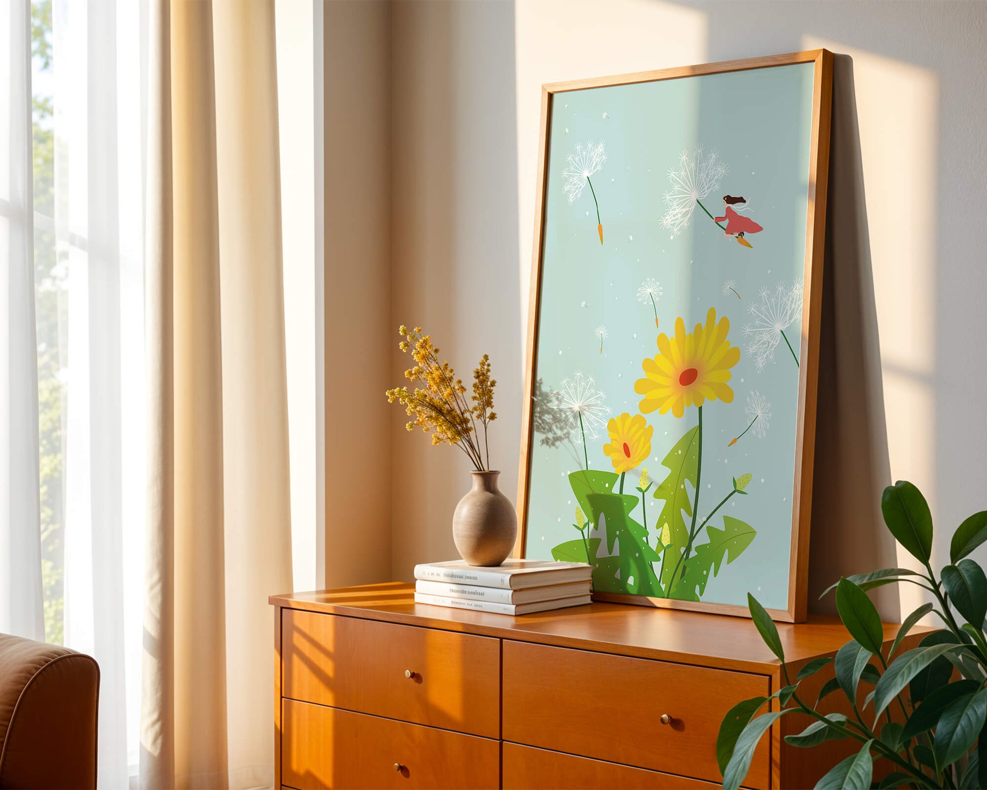 Whimsical illustration of a girl flying with dandelions in a colorful floral scene