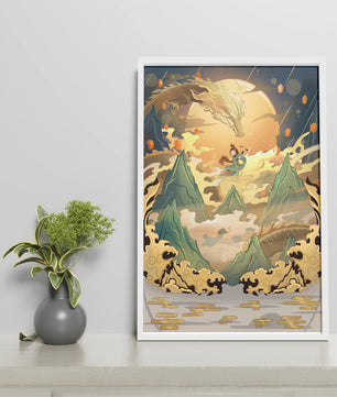 Mythical dragon and warrior painting with golden elements against a mountainous landscape